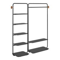 Black metal shelving unit with smooth, minimalist lines and wooden accents for a modern touch.