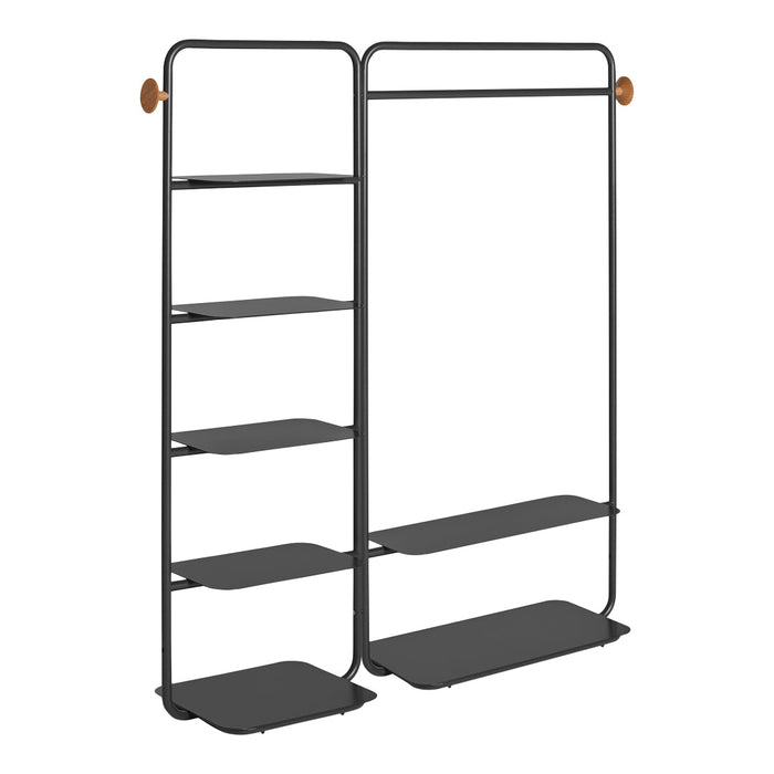 Black metal shelving unit with smooth, minimalist lines and wooden accents for a modern touch.