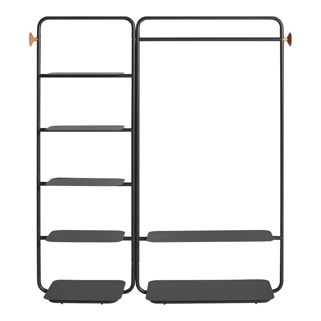 Black metal shelving unit with sleek lines and orange accents, showcasing a modern, minimalist design.