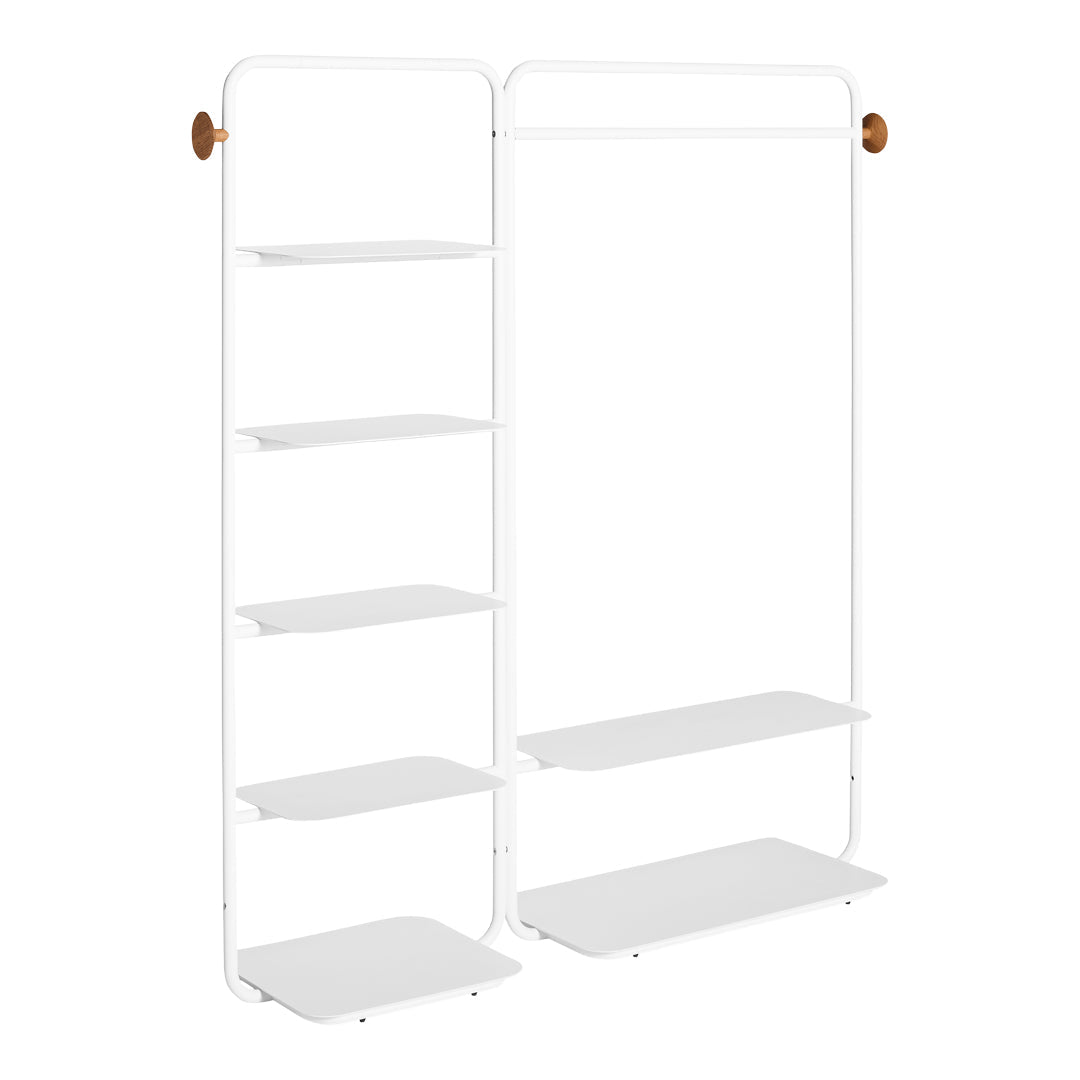 White metal shelving unit with smooth surfaces and minimalist design, featuring wooden accents for a modern touch.