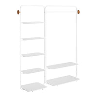 White metal shelving unit with smooth surfaces and minimalist design, featuring wooden accents for a modern touch.