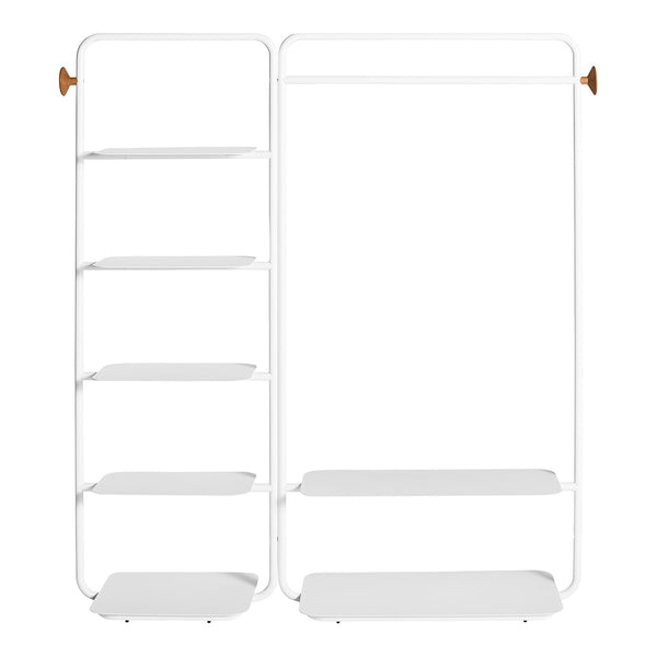 White metal shelving unit with clean lines and wooden accents, featuring multiple solid shelves for versatile storage.