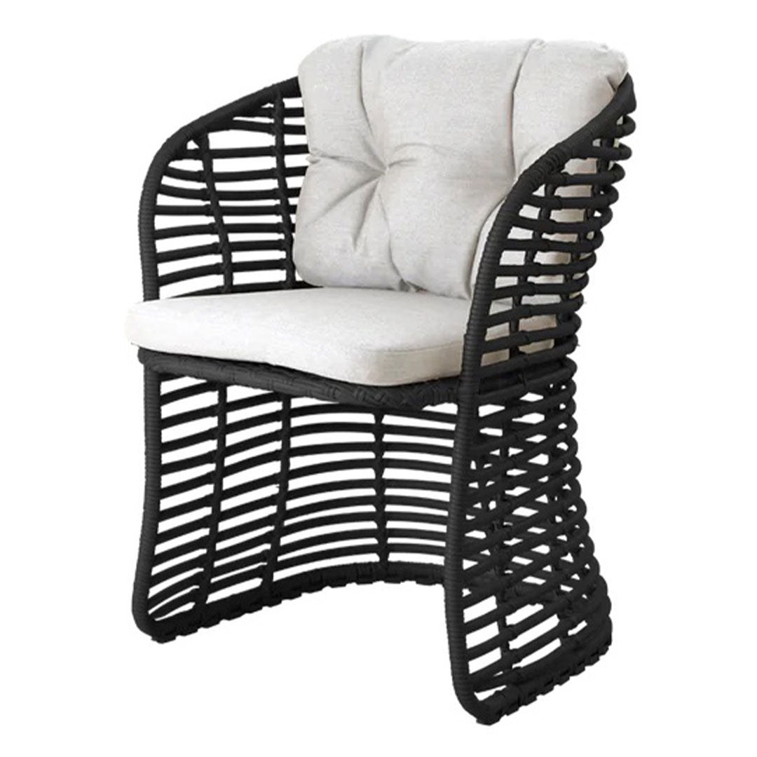 Black woven chair with a cream cushion, featuring a modern, open pattern design. Perfect for stylish decor.