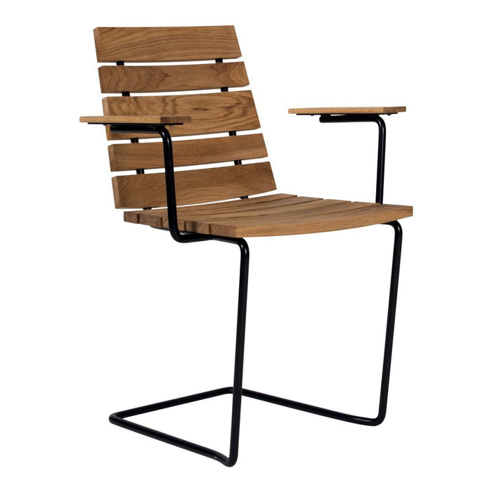 Wooden slatted chair with a natural finish, featuring a sleek black metal frame. Perfect blend of modern and rustic style.