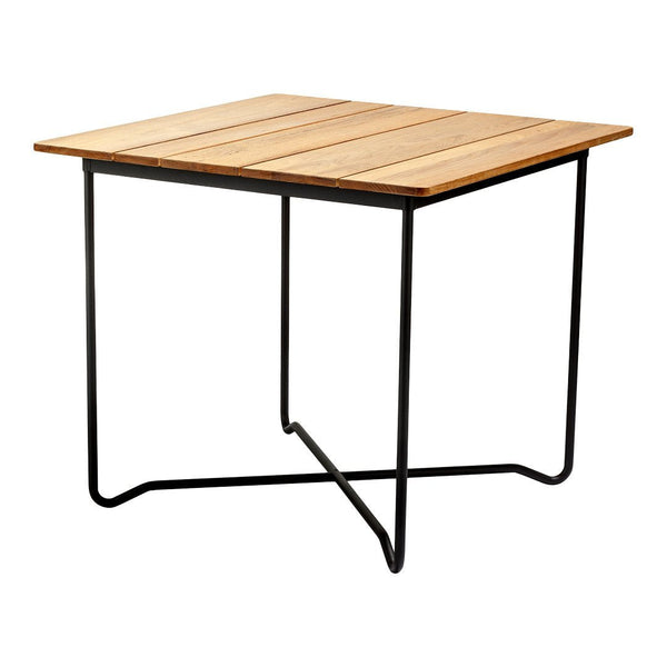 Square wooden table with a natural wood finish and sleek black metal legs. Simple, modern design for versatile use.