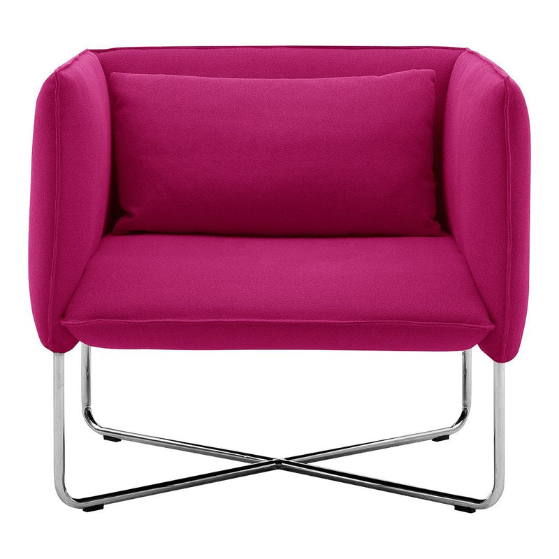 Bright pink armchair with a sleek chrome frame and plush cushions, featuring a solid color design for modern decor.