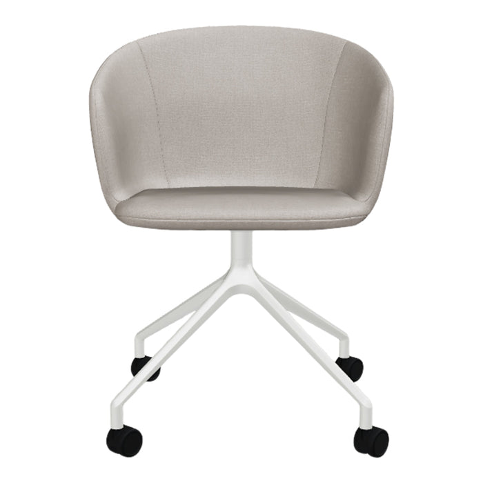 Light gray fabric chair with a smooth, curved design and a white metal base on rolling casters. Perfect for modern spaces.