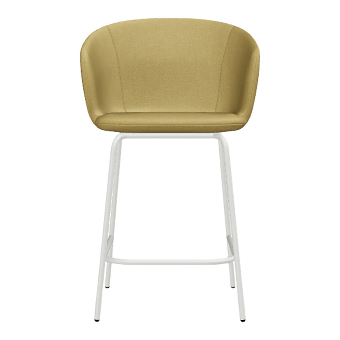"Modern bar stool in warm mustard yellow with smooth upholstery and sleek white metal legs."