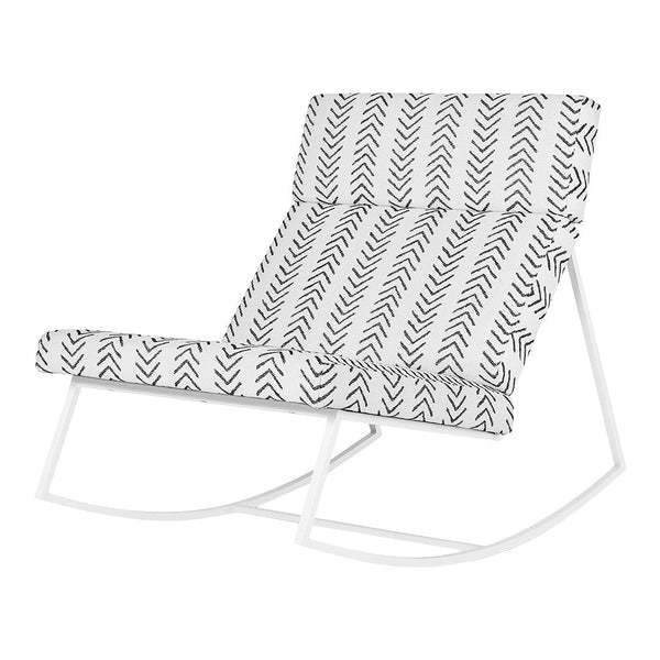 Black and white chevron pattern rocking chair with a sleek white frame. Perfect for modern decor.
