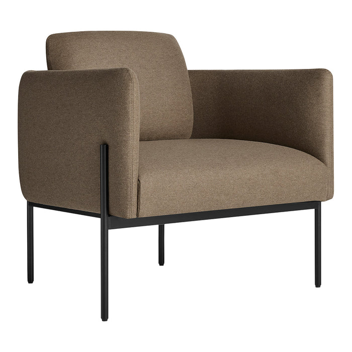 Brown upholstered chair with a minimalist black metal frame, featuring smooth, simple lines and a modern design.