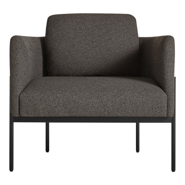 Gray upholstered chair with a minimalist black metal frame, featuring a solid texture and clean lines.