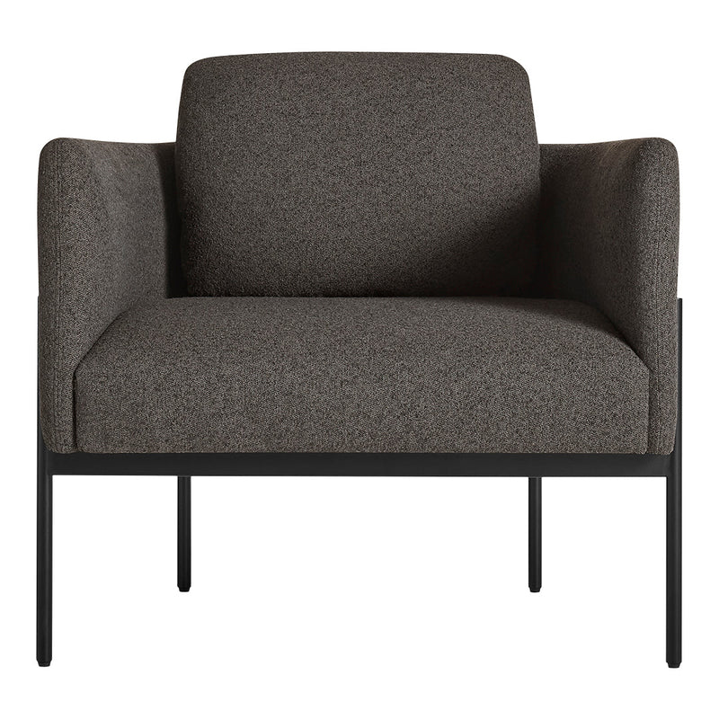 Gray upholstered chair with a minimalist black metal frame, featuring a solid texture and clean lines.