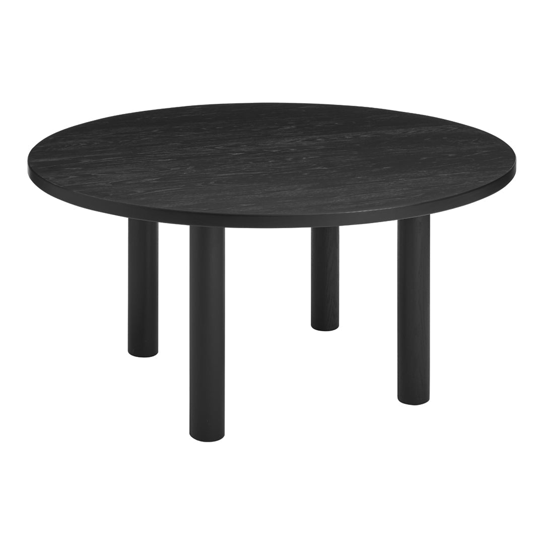 Round black table with a smooth matte finish and sturdy cylindrical legs, perfect for modern interiors.