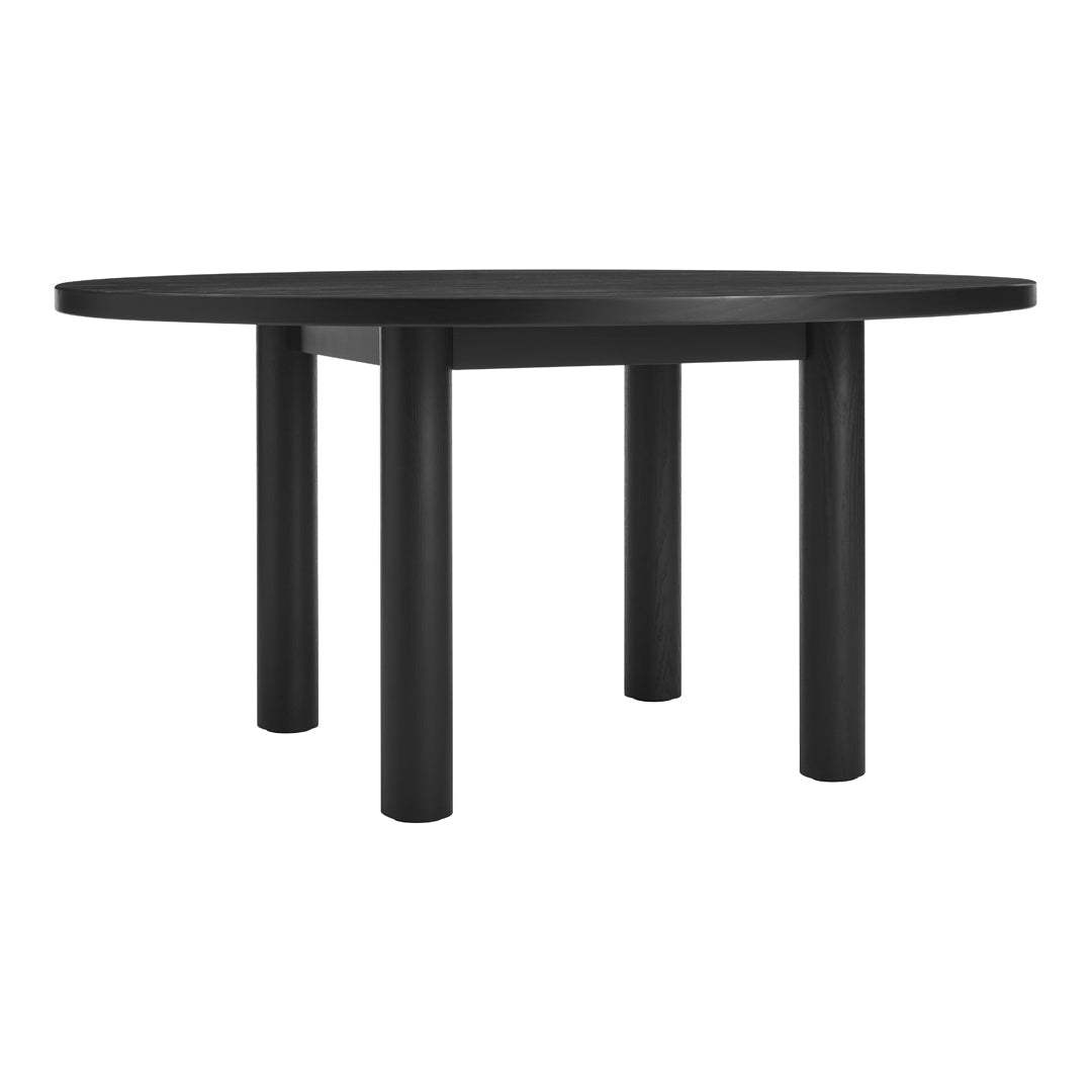 Round black table with a smooth surface and sturdy cylindrical legs, perfect for modern dining spaces.