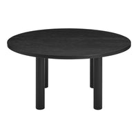 Black round coffee table with a smooth, matte finish and sturdy cylindrical legs. Ideal for modern decor.