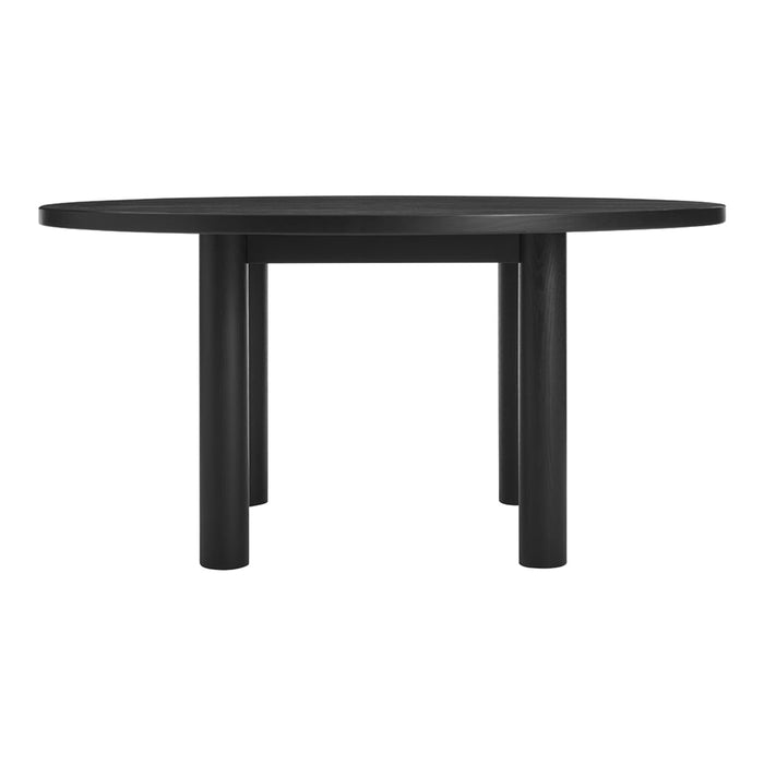 Round black table with a smooth matte finish and cylindrical legs, enhancing a modern, minimalist aesthetic.