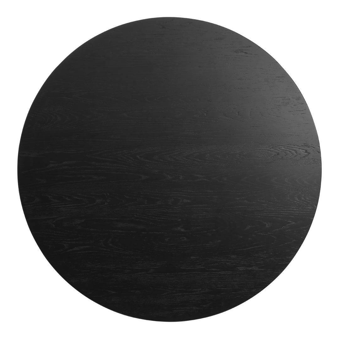 Round black wooden table with a smooth, matte finish and subtle grain patterns. Ideal for modern decor.