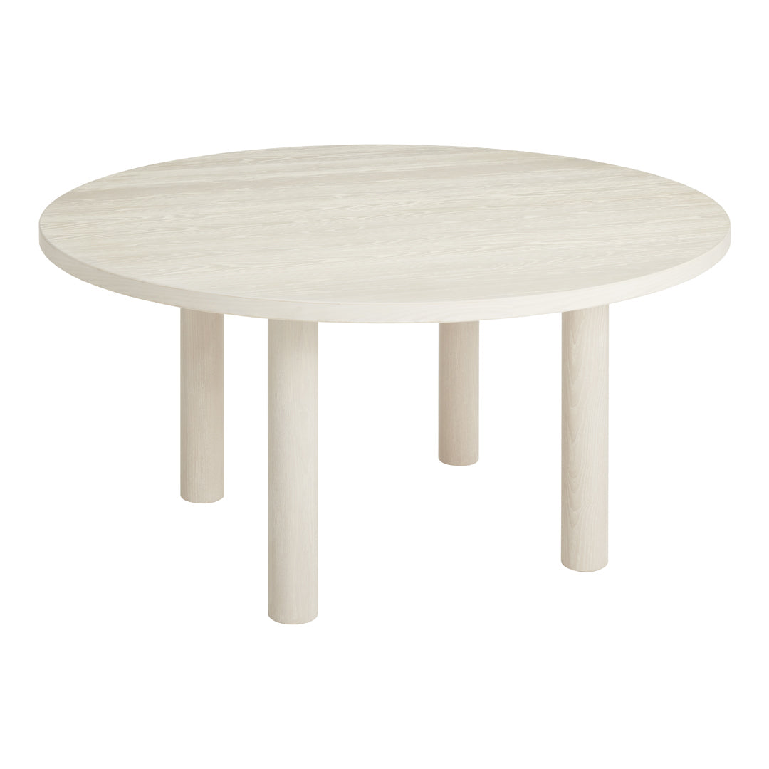 Round white coffee table with a smooth surface and cylindrical legs, featuring a minimalist design.