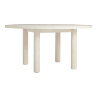 Round dining table in soft beige with a smooth surface and cylindrical legs, featuring a minimalistic design.