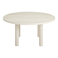 Round white table with a smooth, light wood grain finish and three sturdy legs in a matching soft hue.