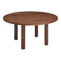 Round wooden table in rich walnut finish with smooth surface and sturdy legs, ideal for modern decor.