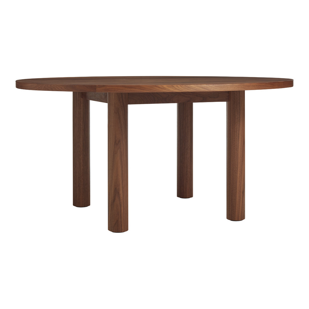Round walnut dining table with a smooth finish and natural wood grain pattern. Ideal for modern settings.