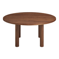 Round wooden table in rich walnut finish with a smooth, solid surface and sturdy, minimalist legs.