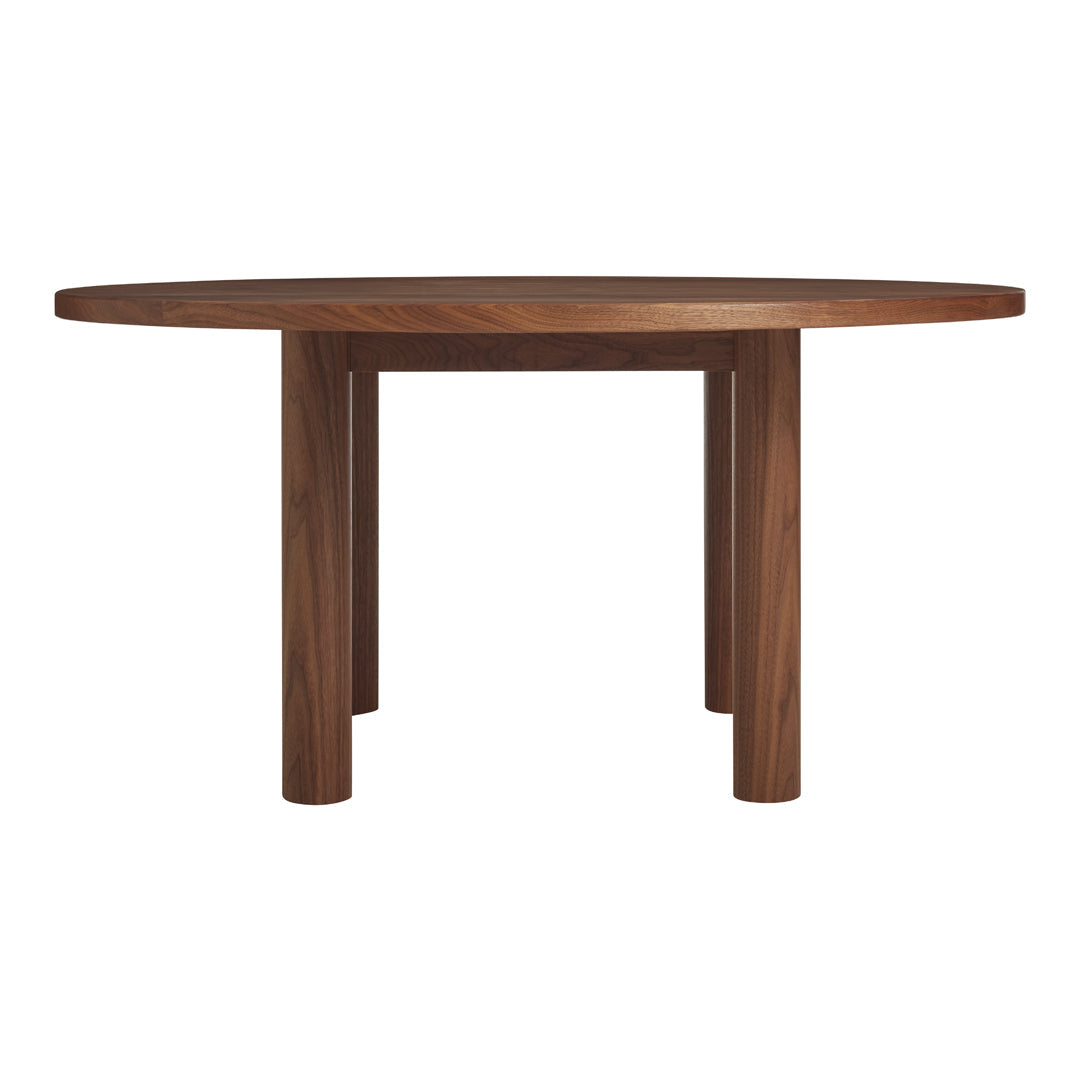Round walnut table with a smooth finish and natural wood grain pattern, perfect for modern dining spaces.