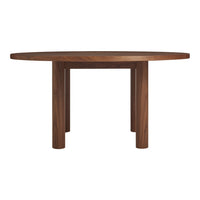 Round walnut table with a smooth finish and natural wood grain pattern, perfect for modern dining spaces.