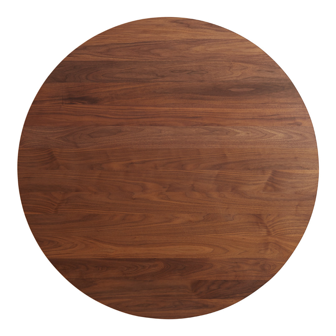 Round wooden table with a rich walnut finish and smooth, natural grain pattern. Perfect for modern or rustic decor.