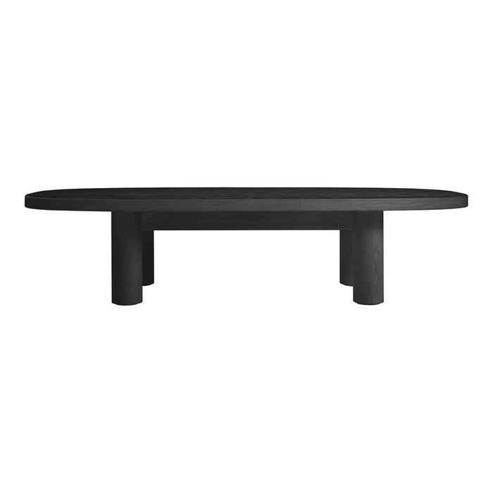 Sleek oval coffee table in matte black with a minimalist design and sturdy cylindrical legs, perfect for modern decor.