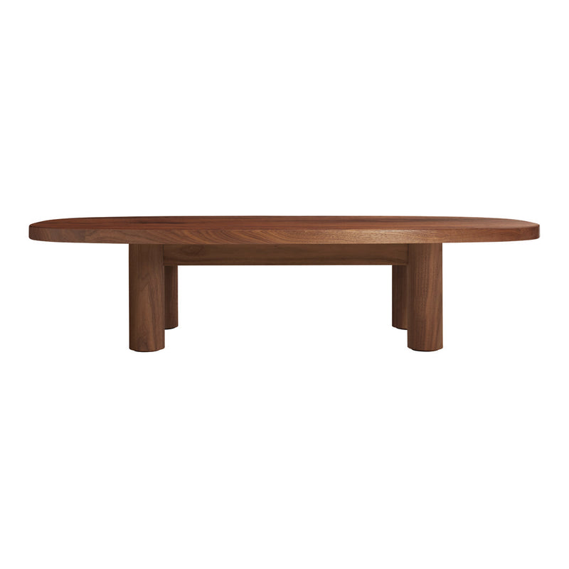 Wooden coffee table in rich brown with smooth, oval top and thick, sturdy legs. Ideal for modern interiors.