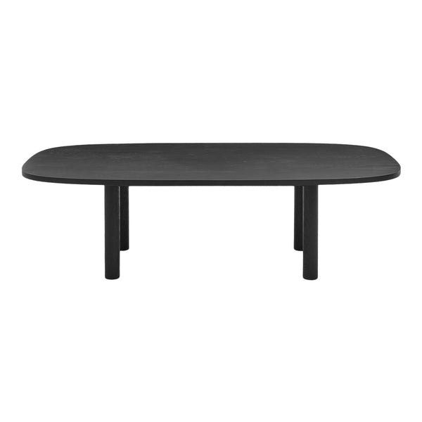 Black oval coffee table with a smooth surface and minimalist design. Ideal for modern living spaces.