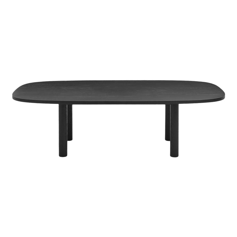 Black oval coffee table with a smooth surface and minimalist design. Ideal for modern living spaces.