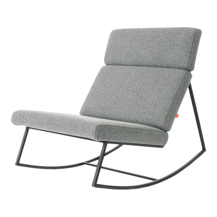 Gray upholstered rocking chair with a minimalist design and sleek black metal frame. Perfect for modern decor.