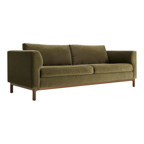 Olive green velvet sofa with clean lines and wooden legs, ideal for modern living spaces.