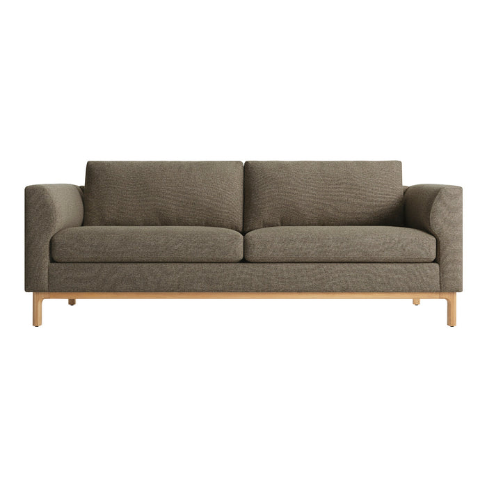Olive green textured sofa with a minimalist design and light natural wood legs. Ideal for modern living spaces.