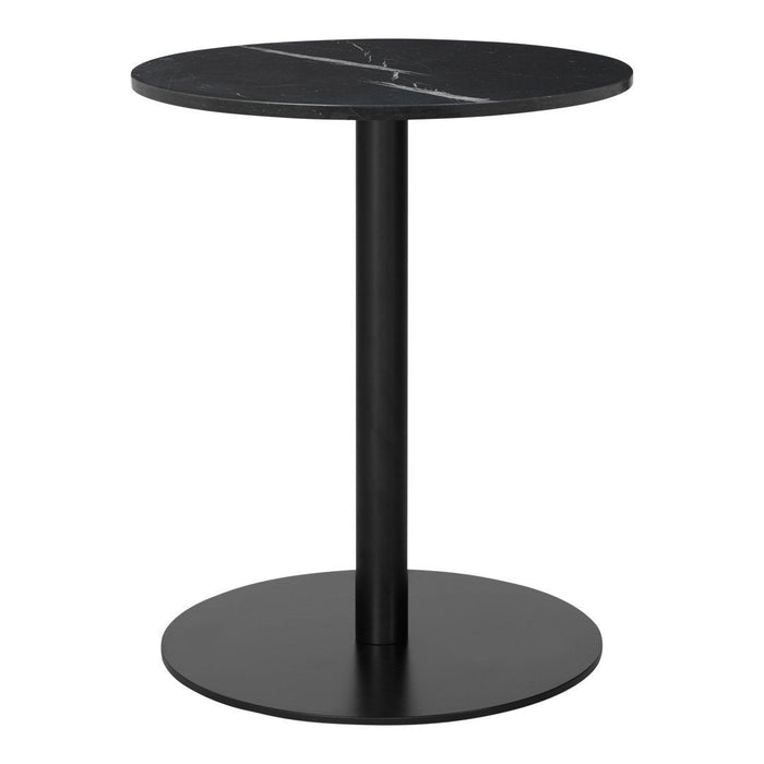 Black round side table with a glossy surface featuring white veining and a sleek black metal base.