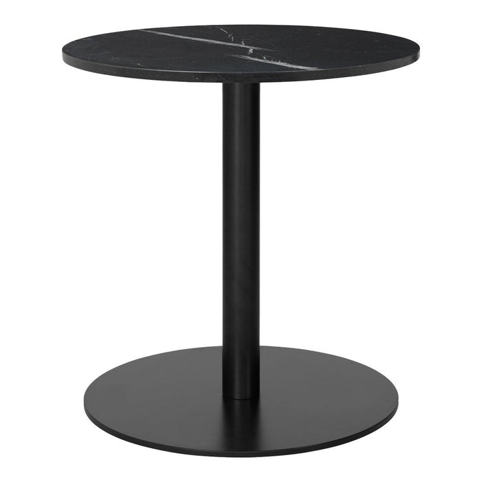 Black marble side table with white veining and a sleek black metal base, featuring a minimalist design.