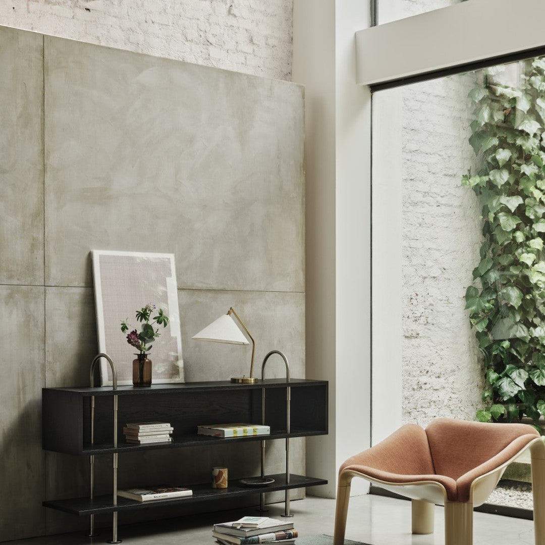 Modern black furniture with warm wooden accents, soft beige walls, and greenery create a stylish, minimalist interior.