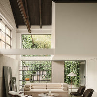 Minimalist living room with neutral beige sofa, dark wood accents, and lush green plants framing large windows. 