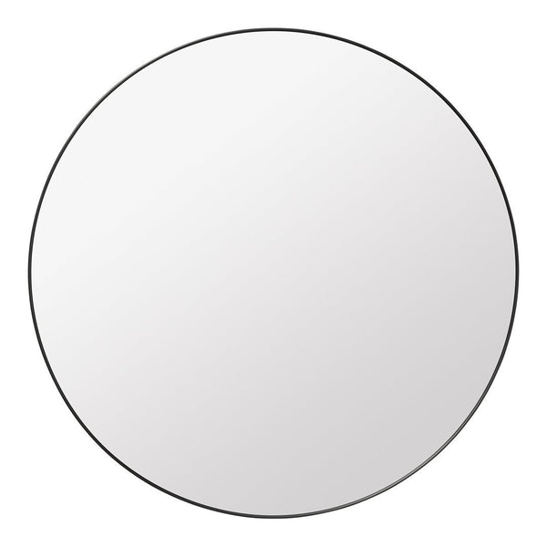 Round mirror with a sleek black frame and a clear reflective surface, ideal for modern decor.