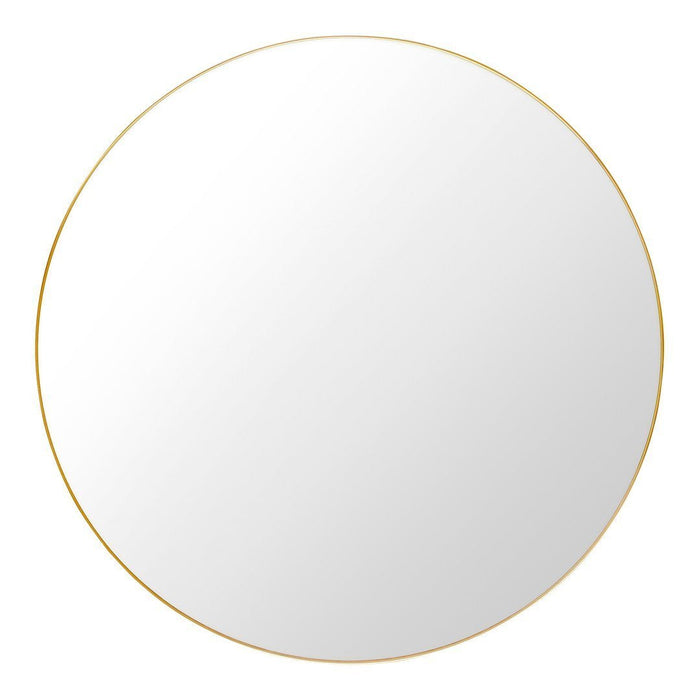Round mirror with a sleek gold border and a smooth, clear reflective surface. Perfect for modern decor.