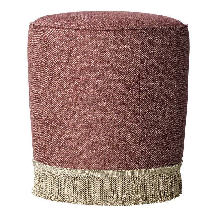 Red textured fabric pouf with beige fringed trim. Ideal for stylish home decor.