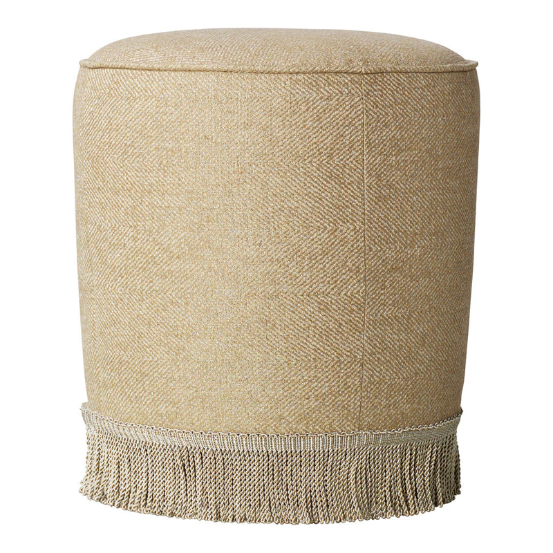 Round beige ottoman with textured fabric and a fringed hem detail. Perfect for accenting any room decor.