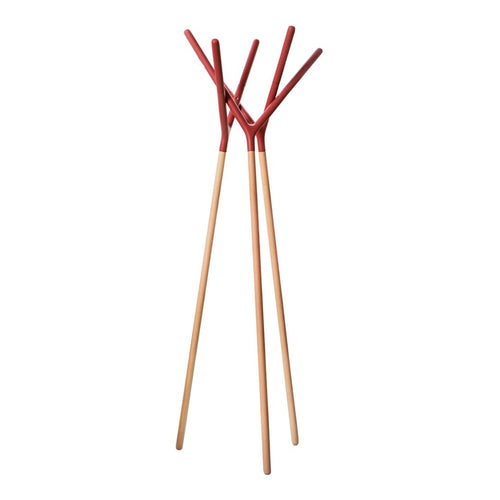 Red v-shaped hooks on natural wood stands, creating a modern and playful design for organizing space.