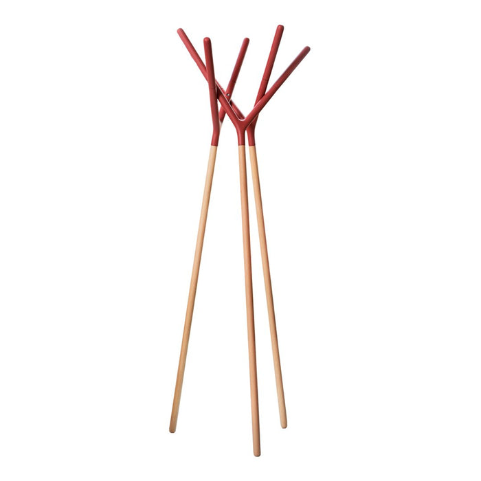 Red v-shaped hooks on natural wood stands, creating a modern and playful design for organizing space.