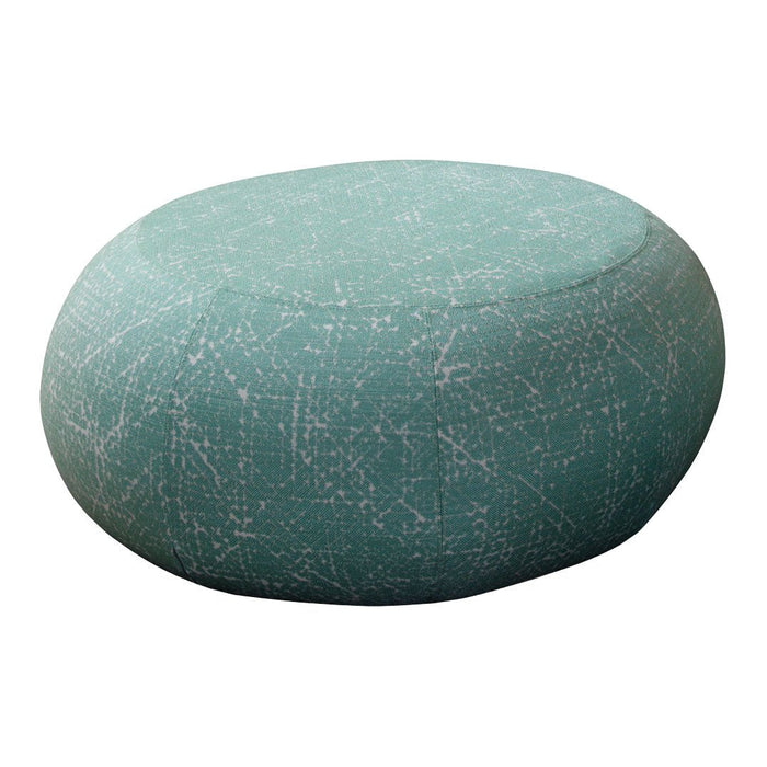 Teal round pouf with a subtle speckled pattern, perfect for adding a pop of color to any space.