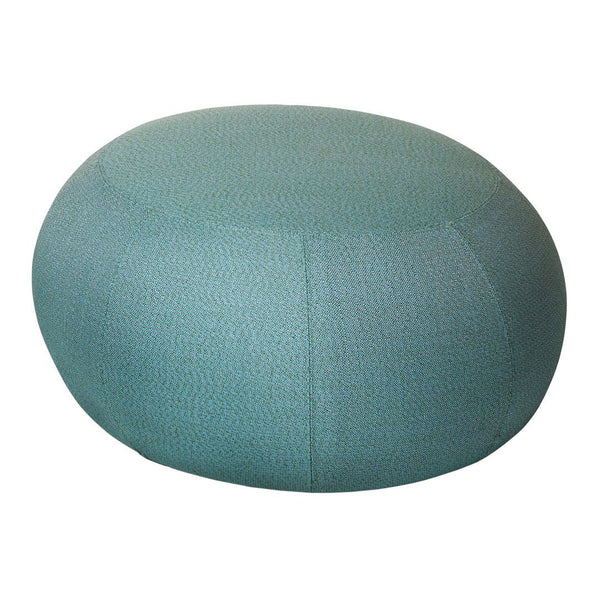 Round teal pouf with textured fabric, featuring a solid color and subtle pattern, perfect for modern decor.