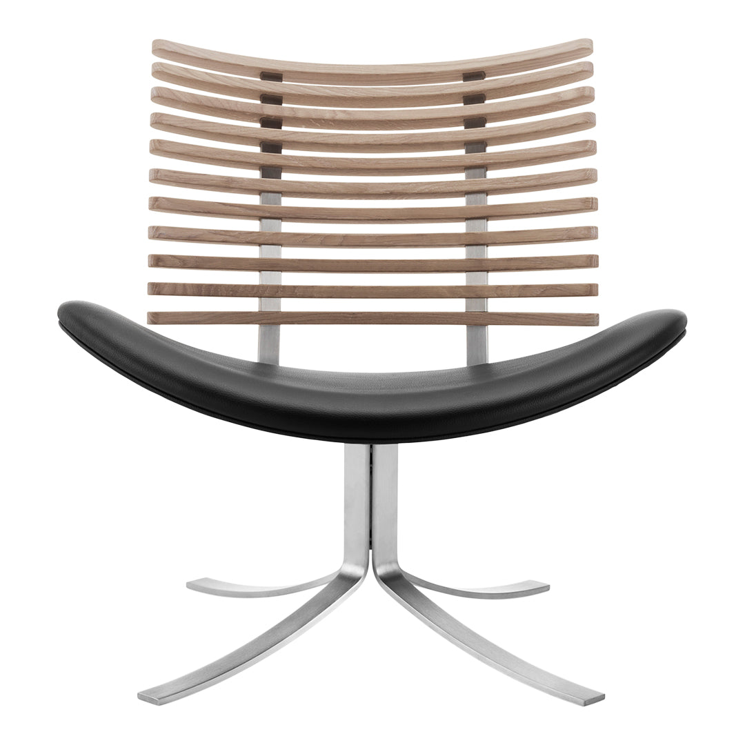 Black leather chair with a stylish wooden slat backrest and a sleek chrome base, creating a modern aesthetic.